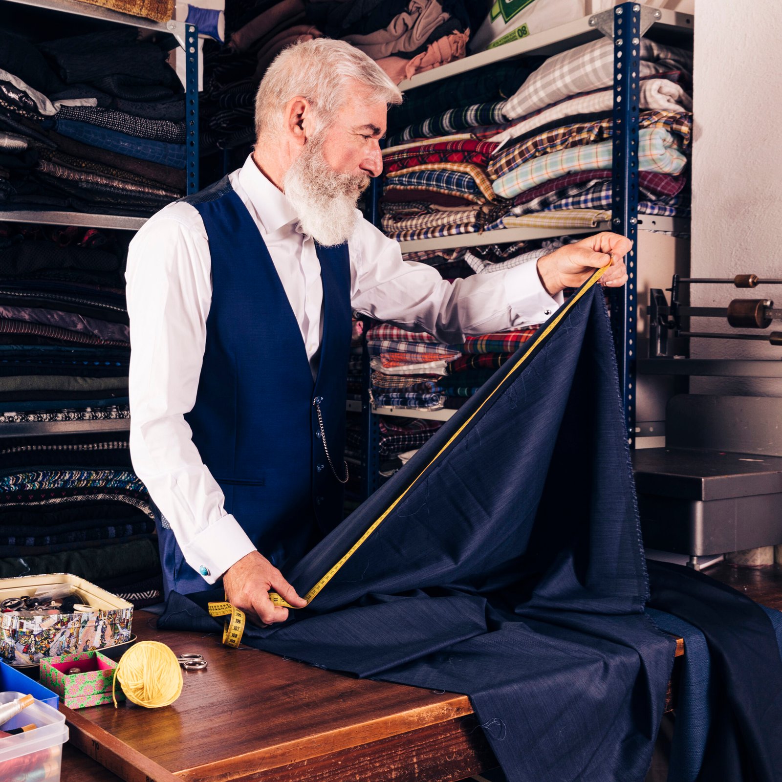 fashion designer taking measurement blue fabric with measuring tape table 2 scaled