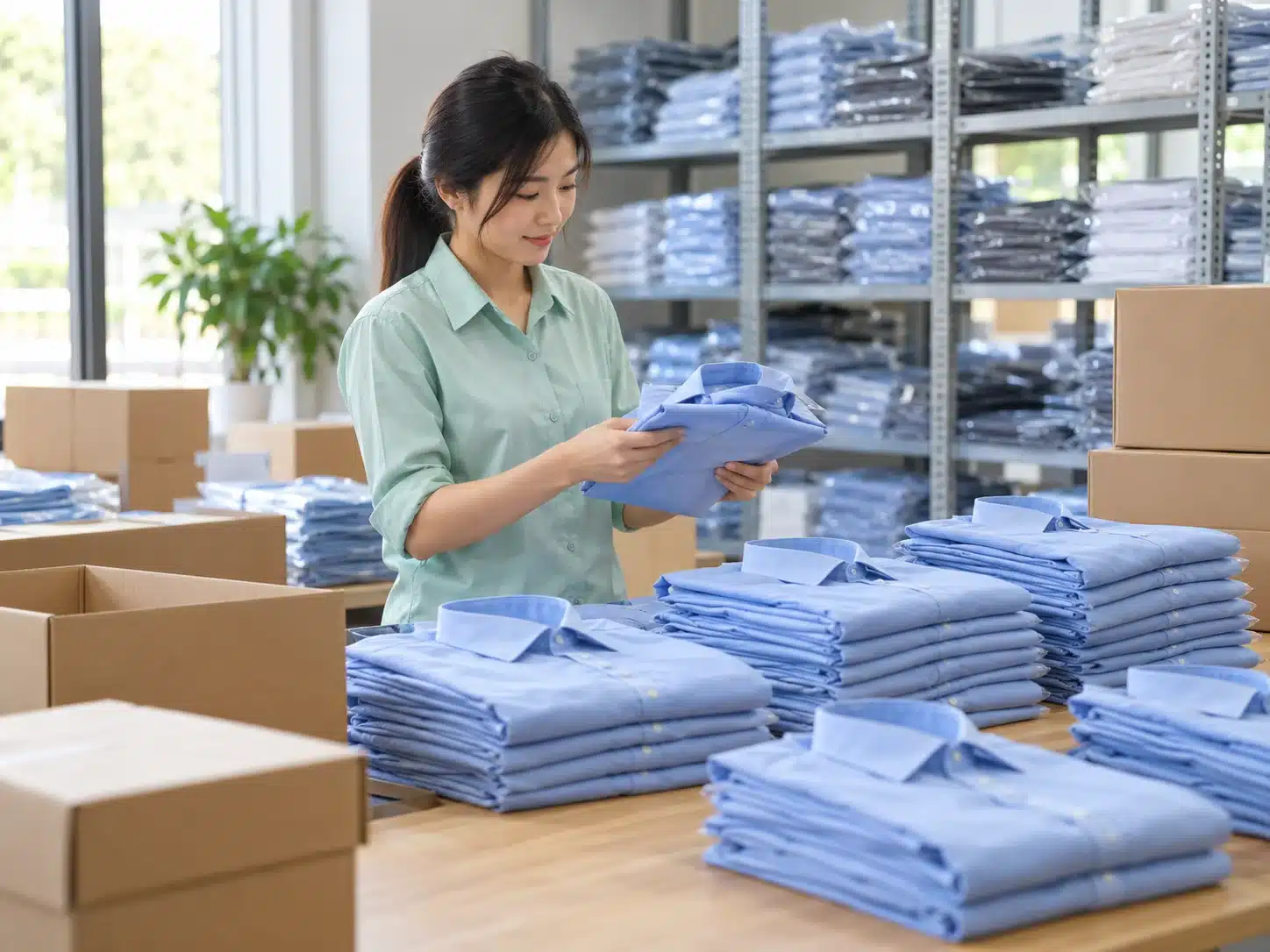 Kiểm tra áo sơ mi đồng phục trước khi đóng gói