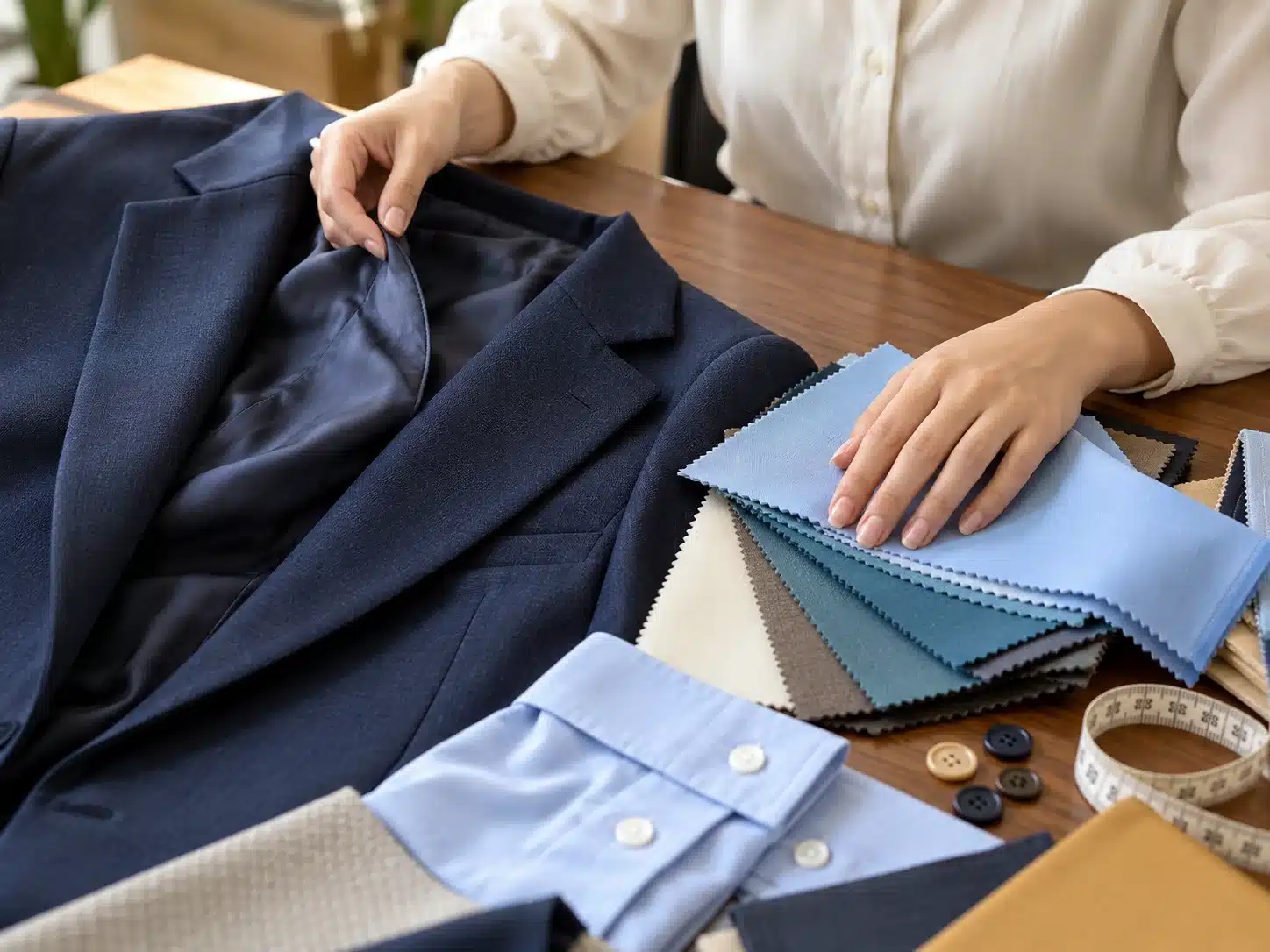 Kiểm tra mẫu vải, lớp lót và chi tiết may đồng phục công sở