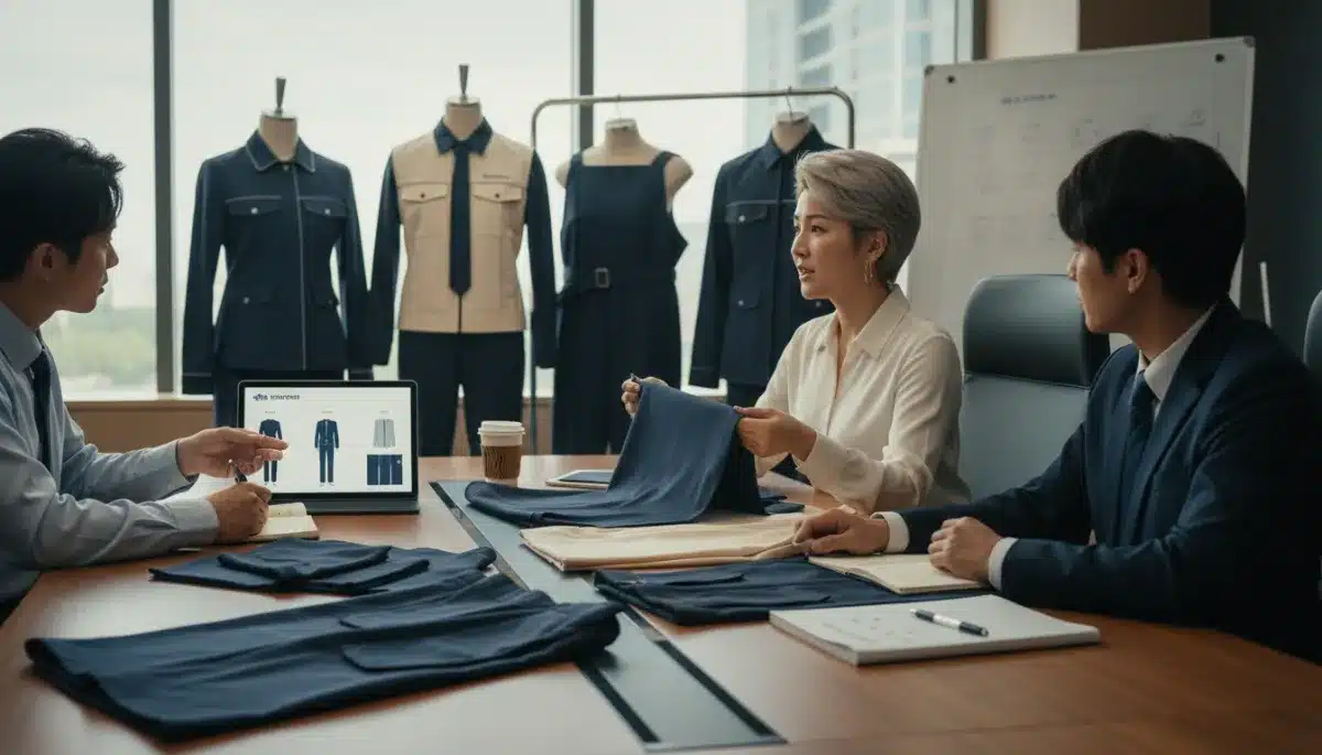 "Đại diện doanh nghiệp bàn bạc, xem xét các mẫu đồng phục mới, cân nhắc sự thoải mái, phù hợp vận hành và phản ánh đúng hình ảnh thương hiệu hiện tại