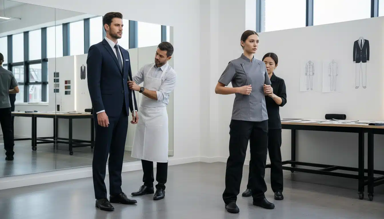 Bảng size đồng phục F&B cho chuỗi + quy trình fitting theo FOHBOH