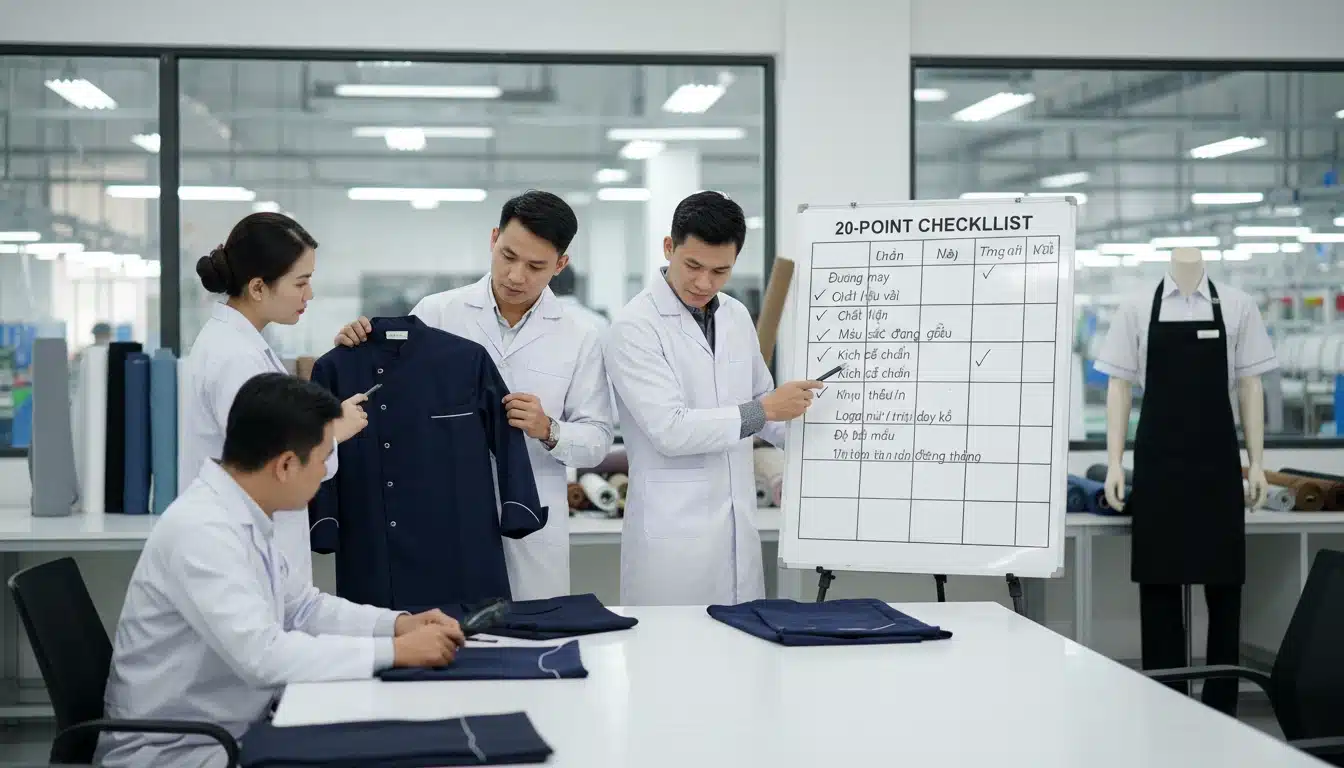 Checklist nghiệm thu đồng phục F&B trước sản xuất hàng loạt (QC theo 20 điểm)