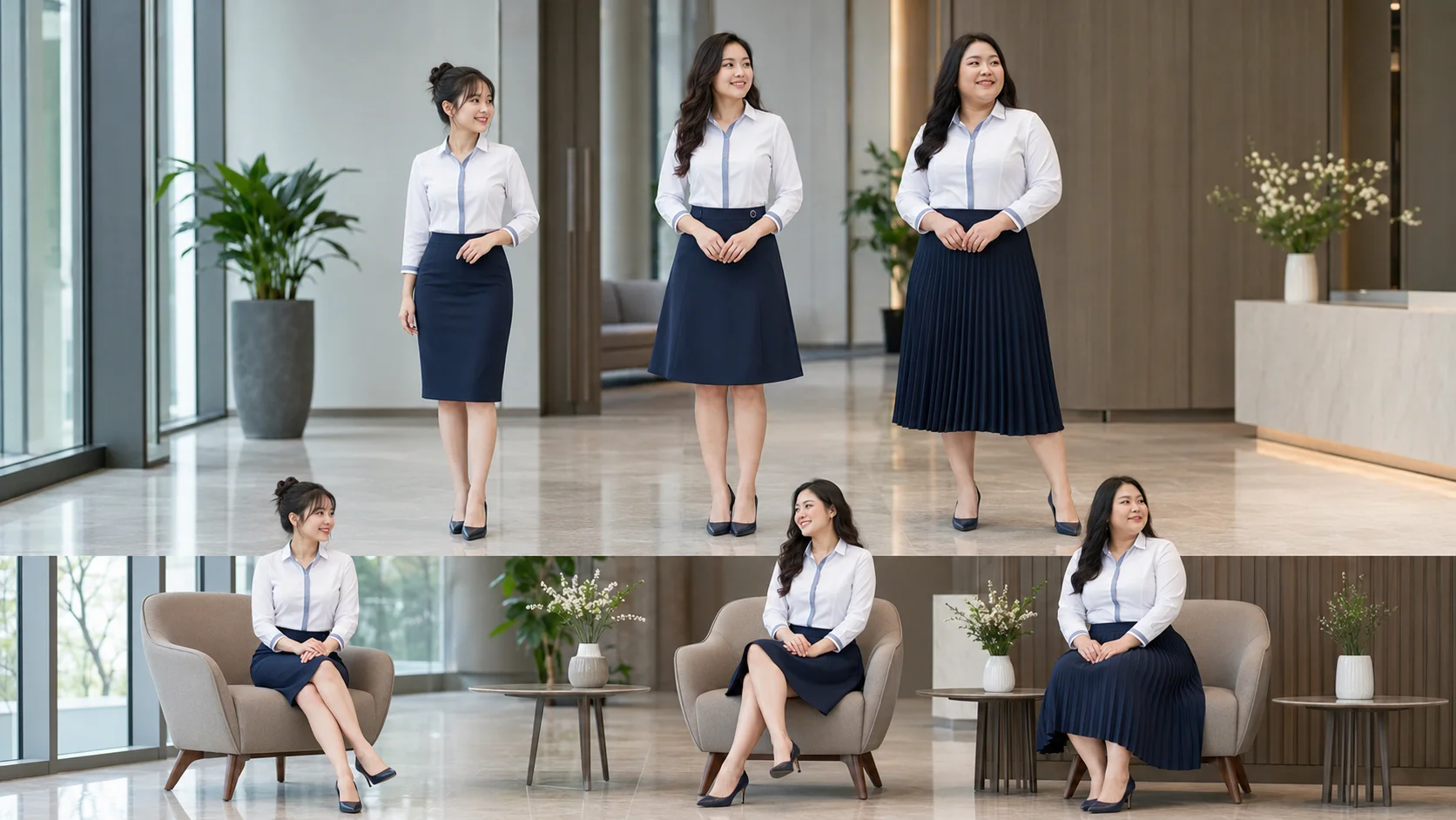 Cách phối chân váy, quần âu, blazer trong bộ đồng phục công sở