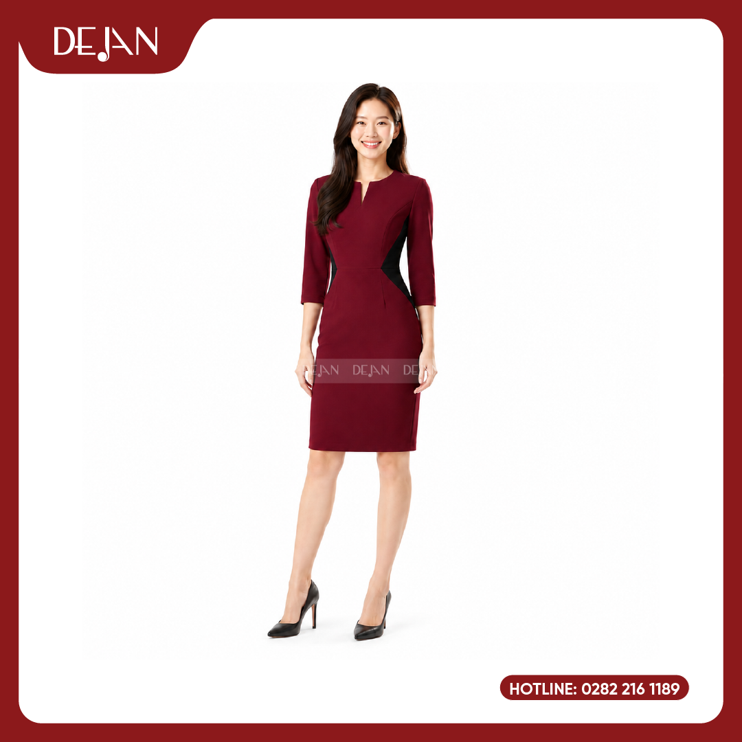 Đầm Đồng Phục DJDN12115 Tông Đỏ Đô Sang Trọng, Nổi Bật