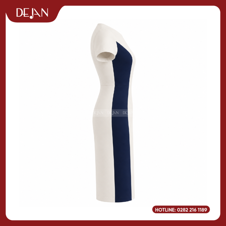Đầm Đồng Phục DJDN12117 Tông Xanh Navy Phối Trắng Thanh Lịch