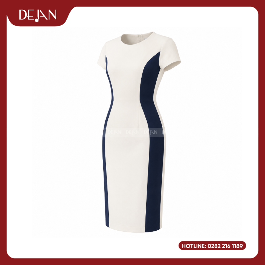 Đầm Đồng Phục DJDN12117 Tông Xanh Navy Phối Trắng Thanh Lịch