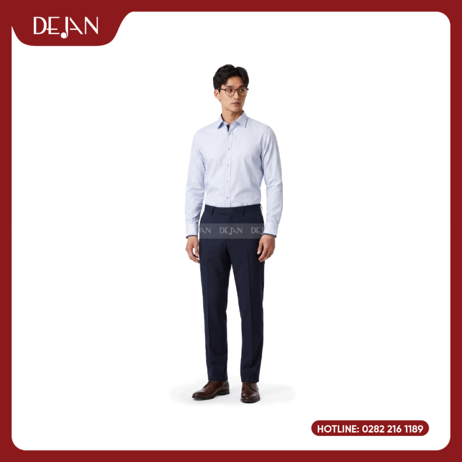 Đồng Phục Sơ Mi Nam DJSM10117 Caro Nhỏ Xanh Nhạt, Cổ Lá Sang Trọng
