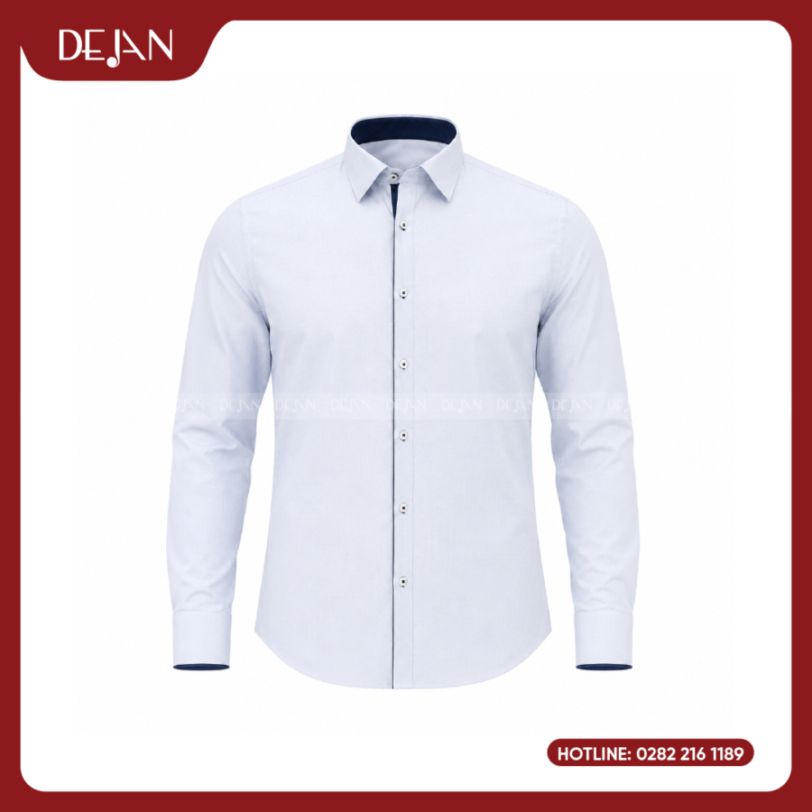Đồng Phục Sơ Mi Nam DJSM10117 Caro Nhỏ Xanh Nhạt, Cổ Lá Sang Trọng