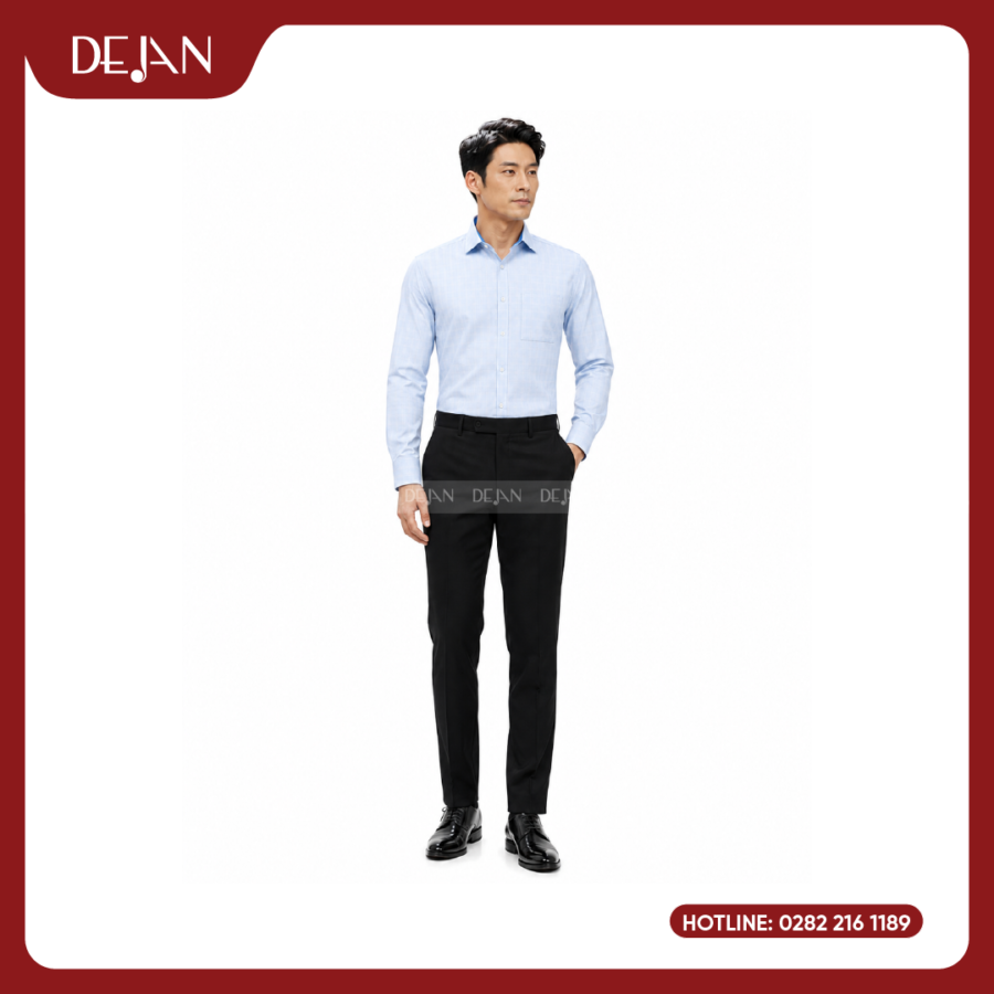Đồng Phục Sơ Mi Nam DJSM10118 Caro Ô Nhỏ Xanh Nhạt, Cổ Cutaway Thanh Lịch