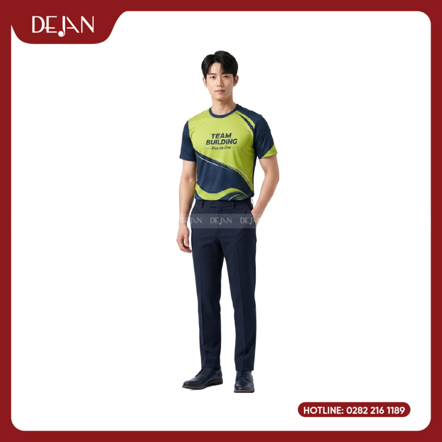 Đồng Phục Áo Thun Teambuilding DJTBD102 Loang Màu Xanh Chanh Phối Navy Nổi Bật