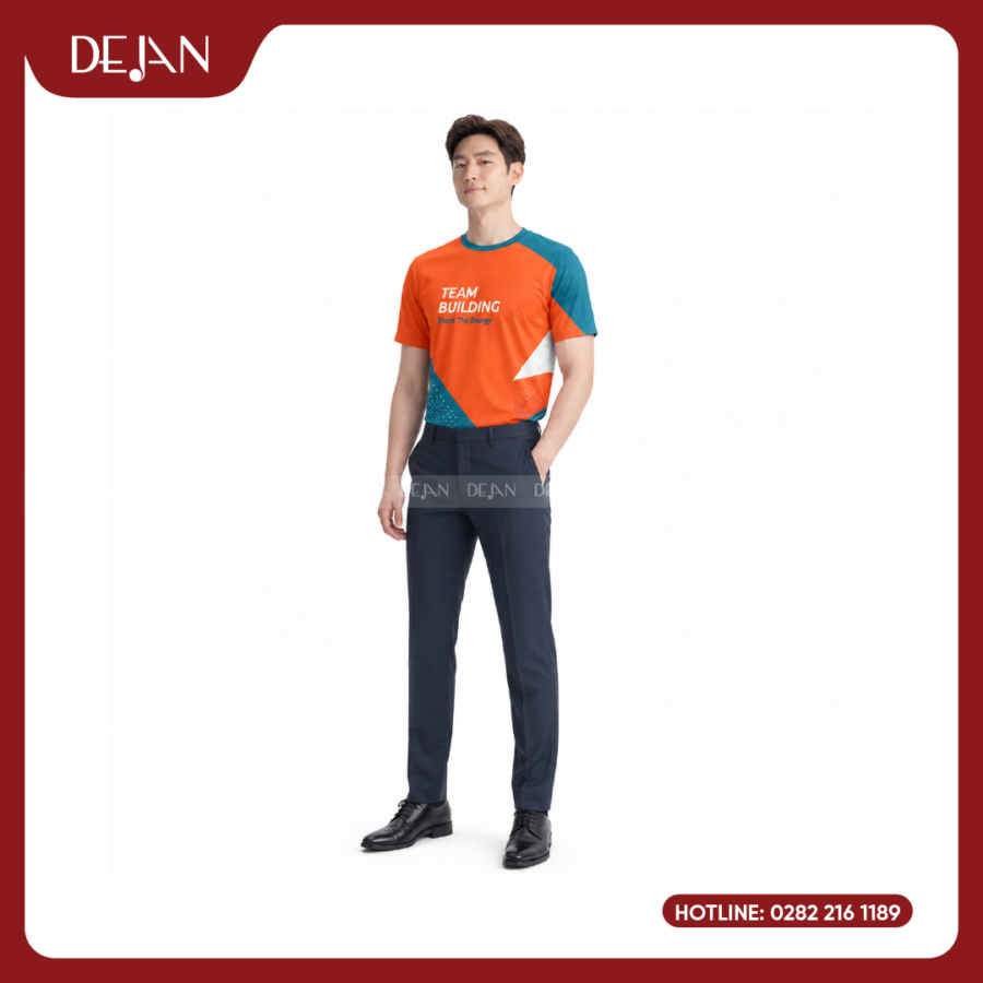Đồng Phục Áo Thun Teambuilding DJTBD107 Loang Màu Cam Phối Xanh Ngọc Rực Rỡ