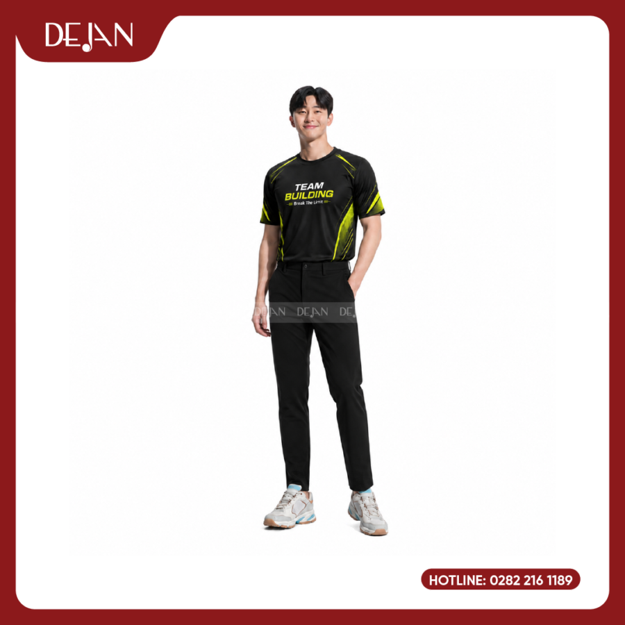 Đồng Phục Áo Thun Teambuilding DJTBD108 Tông Đen Điểm Nhấn Vàng Chanh Cá Tính