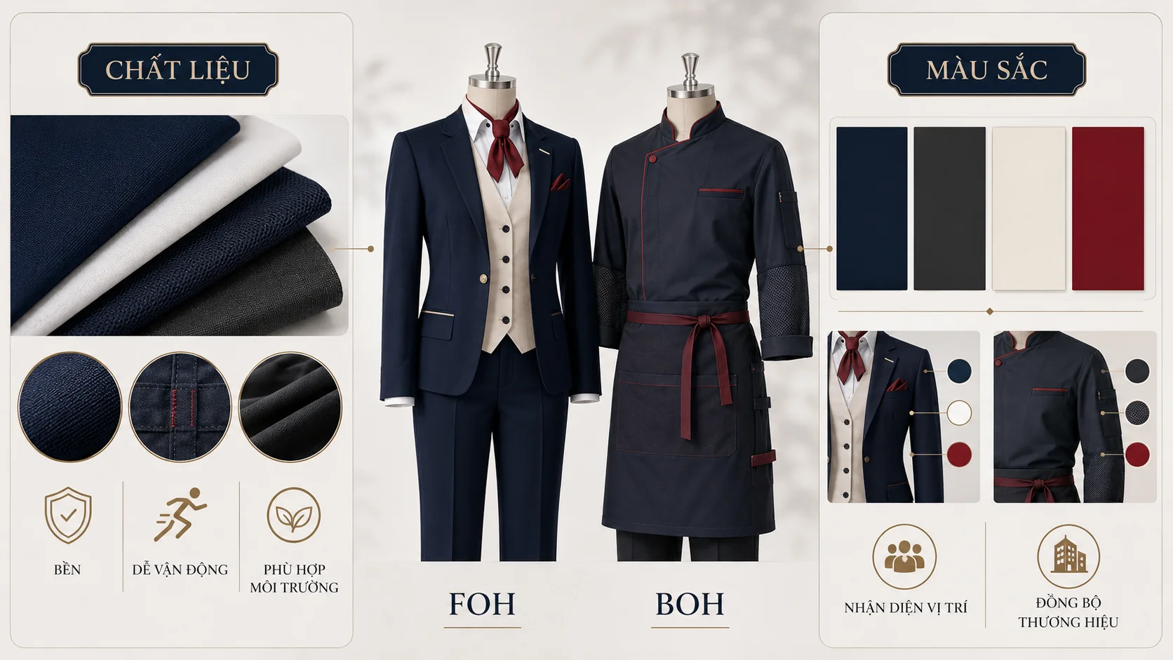Đồng phục FOH và BOH: 5 Nguyên Tắc Tách Chất Liệu & Màu Sắc