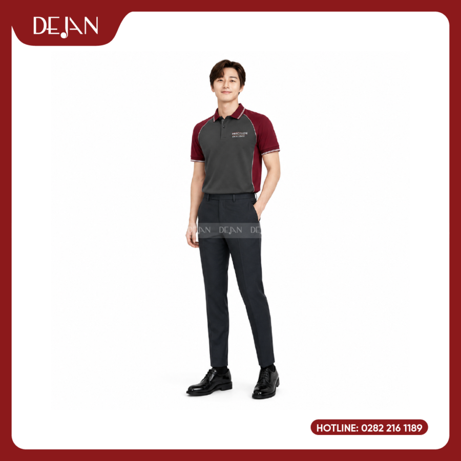 Đồng Phục Áo Thun Polo PLDJ11 Mạnh Mẽ Với Thân Xám Than Phối Tay Raglan Đỏ Đô