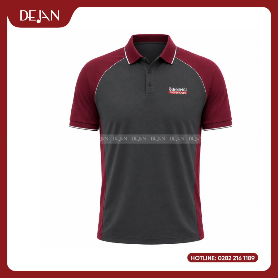 Đồng Phục Áo Thun Polo PLDJ11 Mạnh Mẽ Với Thân Xám Than Phối Tay Raglan Đỏ Đô