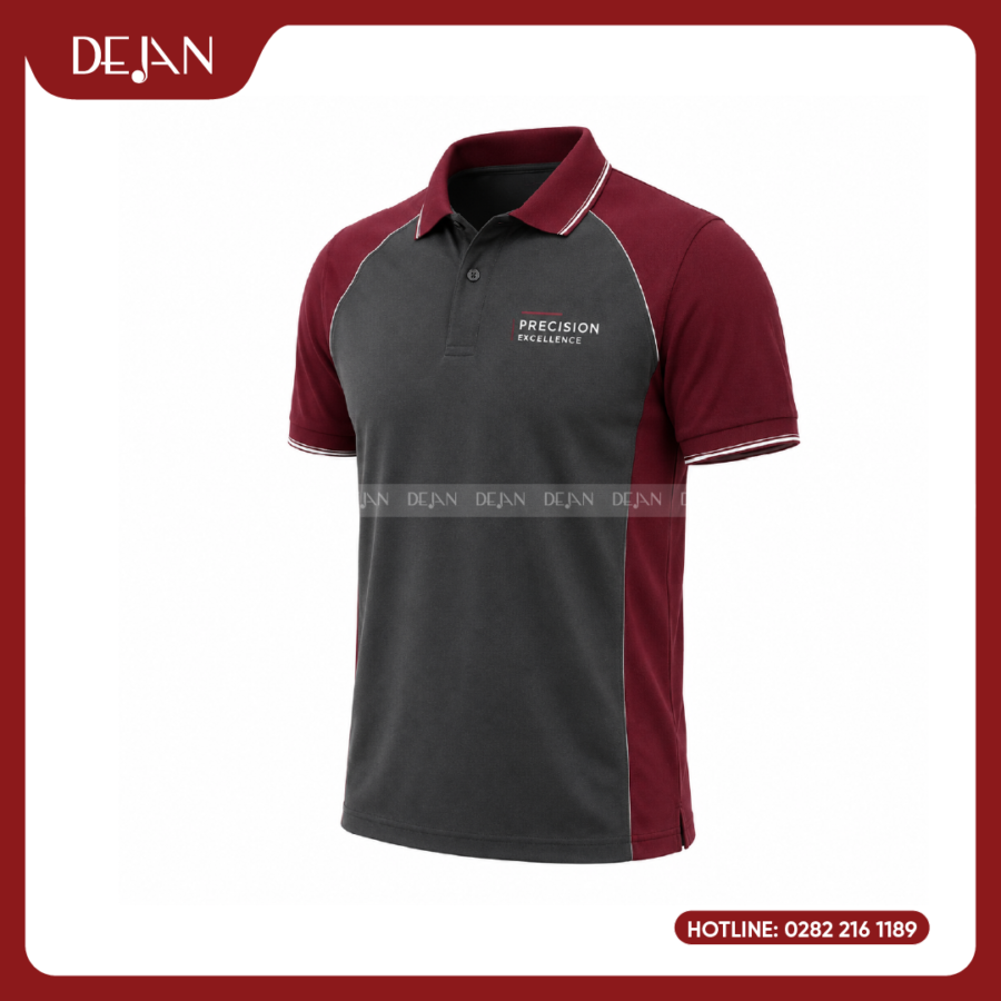 Đồng Phục Áo Thun Polo PLDJ11 Mạnh Mẽ Với Thân Xám Than Phối Tay Raglan Đỏ Đô