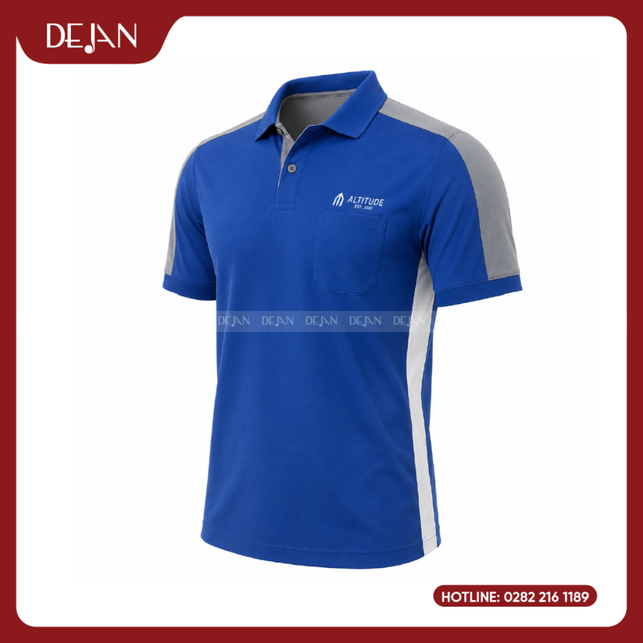 Đồng Phục Áo Thun Polo PLDJ15 Trẻ Trung Với Tông Xanh Dương Phối Vai Xám