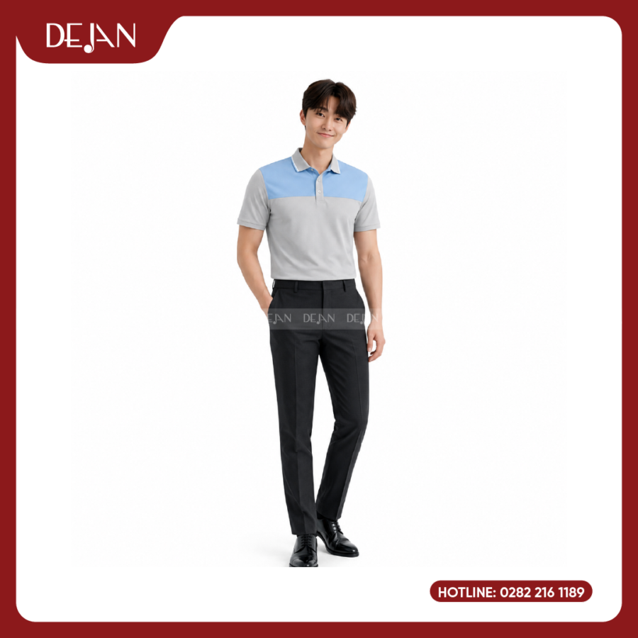 Đồng Phục Áo Thun Polo PLDJ17 Trẻ Trung Với Tông Xám Phối Vai Xanh Da Trời