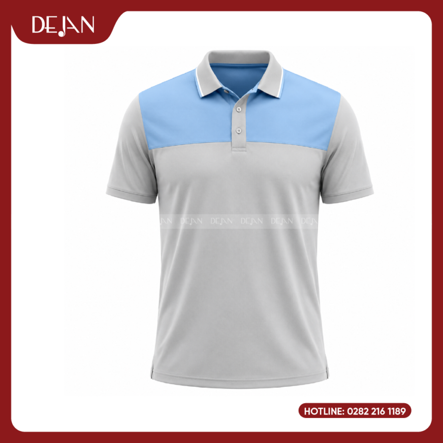 Đồng Phục Áo Thun Polo PLDJ17 Trẻ Trung Với Tông Xám Phối Vai Xanh Da Trời