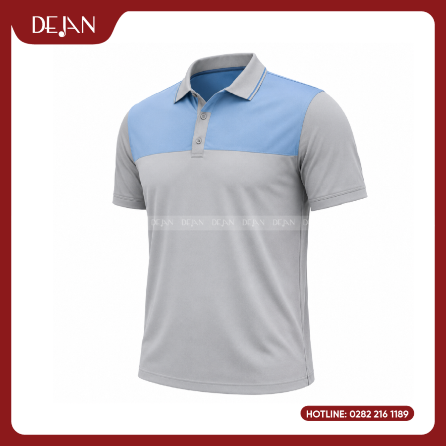 Đồng Phục Áo Thun Polo PLDJ17 Trẻ Trung Với Tông Xám Phối Vai Xanh Da Trời