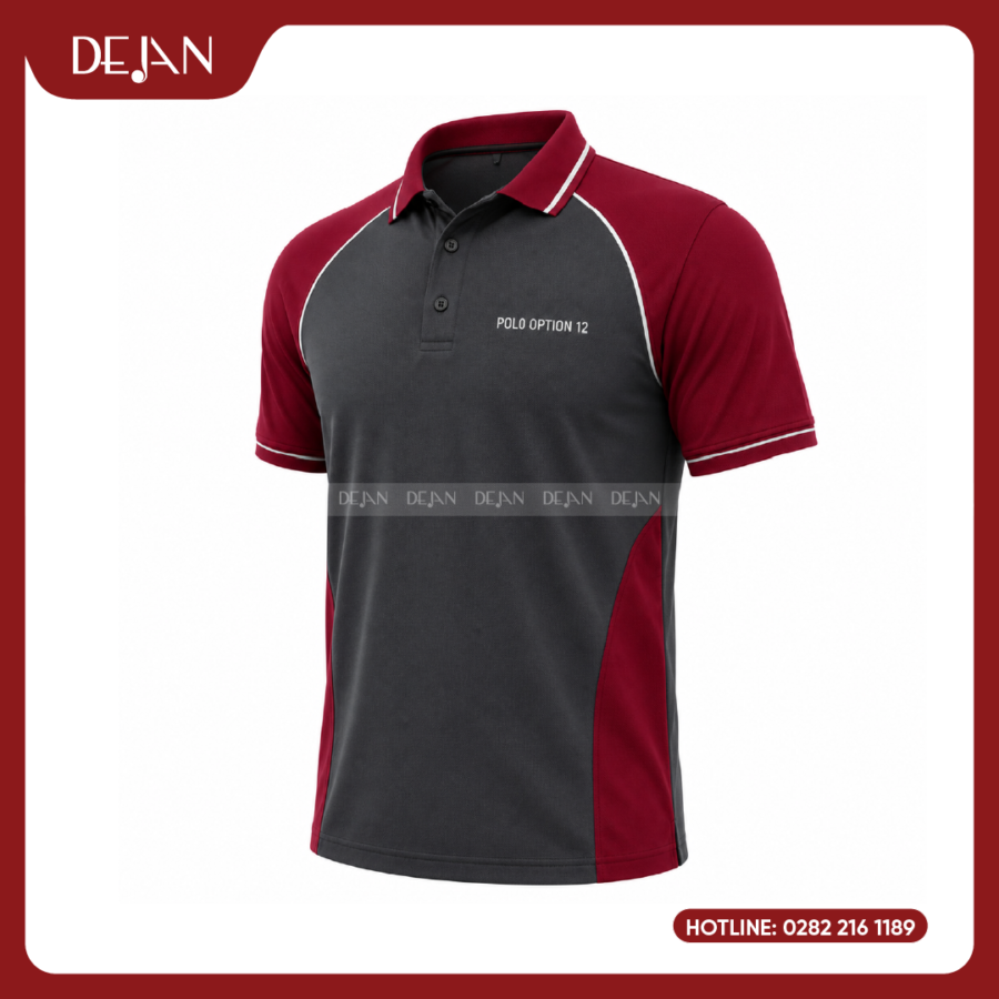 Đồng Phục Áo Thun Polo PLDJ19 Mạnh Mẽ Với Thân Xám Than Phối Tay Đỏ Đô