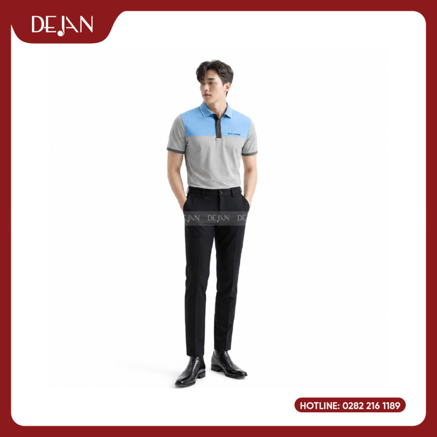 Đồng Phục Áo Thun Polo PLDJ20 Trẻ Trung Với Tông Xám Phối Vai Xanh Da Trời