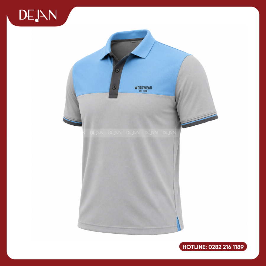 Đồng Phục Áo Thun Polo PLDJ20 Trẻ Trung Với Tông Xám Phối Vai Xanh Da Trời