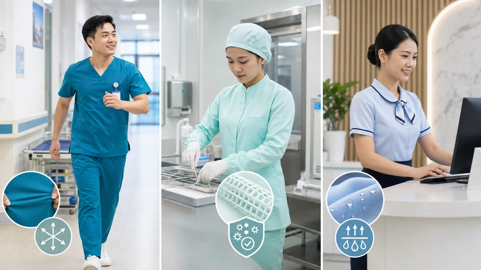 So Sánh Chất Liệu Vải Đồng Phục Y Tế: Co Giãn, Kháng Khuẩn Hay Thấm Hút? 1 So Sánh Chất Liệu Vải Đồng Phục Y Tế