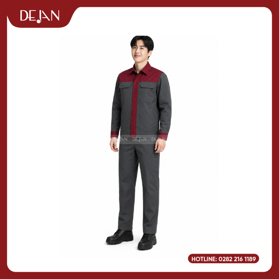 Đồng Phục Công Nhân DJDPCN1007 - Xám Phối Đỏ Đô Nổi Bật, Dễ Nhận Diện