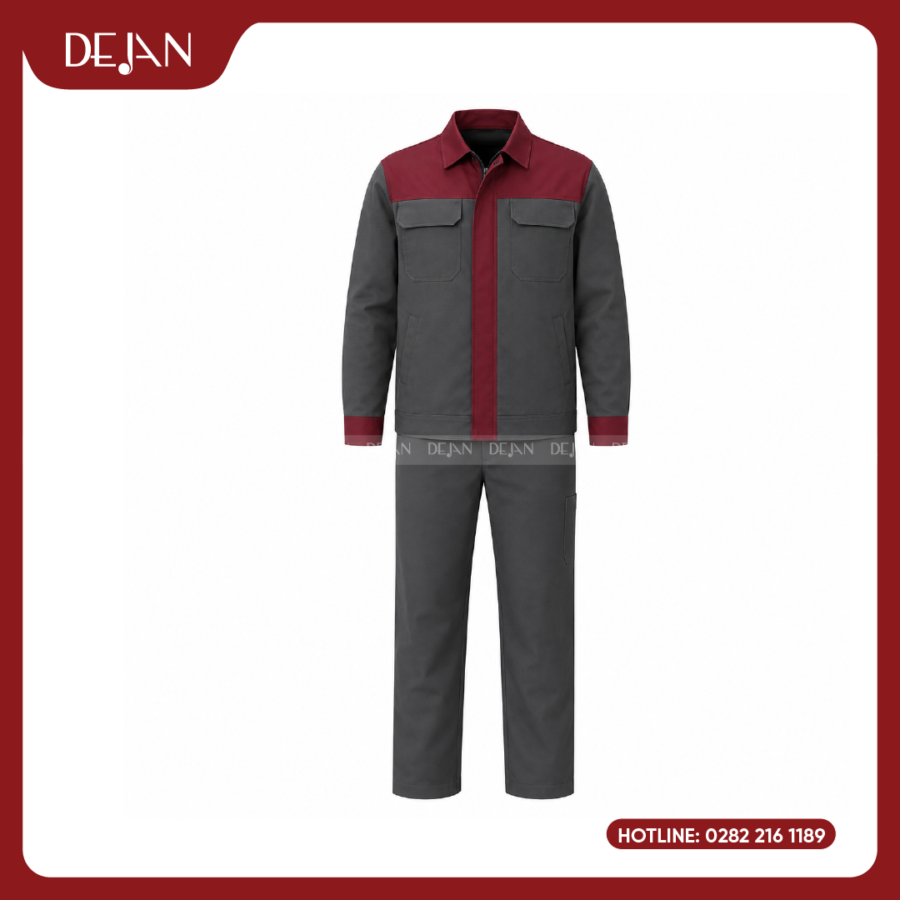 Đồng Phục Công Nhân DJDPCN1007 - Xám Phối Đỏ Đô Nổi Bật, Dễ Nhận Diện