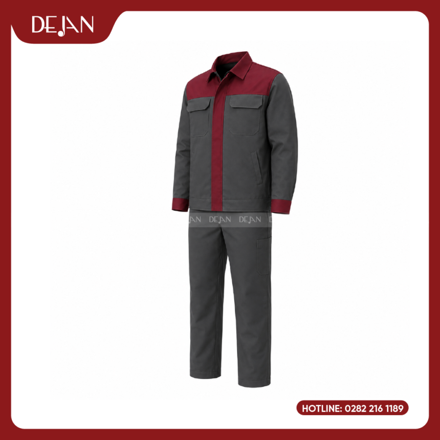Đồng Phục Công Nhân DJDPCN1007 - Xám Phối Đỏ Đô Nổi Bật, Dễ Nhận Diện