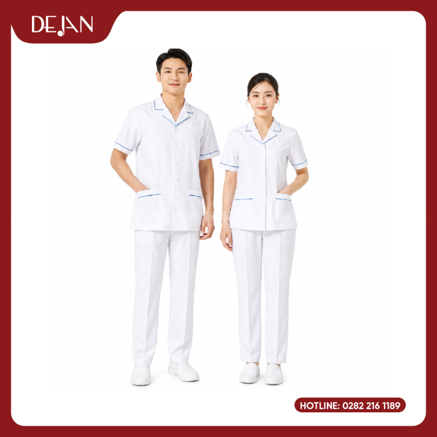 Đồng Phục Điều Dưỡng DJDPĐD1001 - Trắng Phối Viền Xanh, Chuẩn Mực Cho Cả Nam Và Nữ