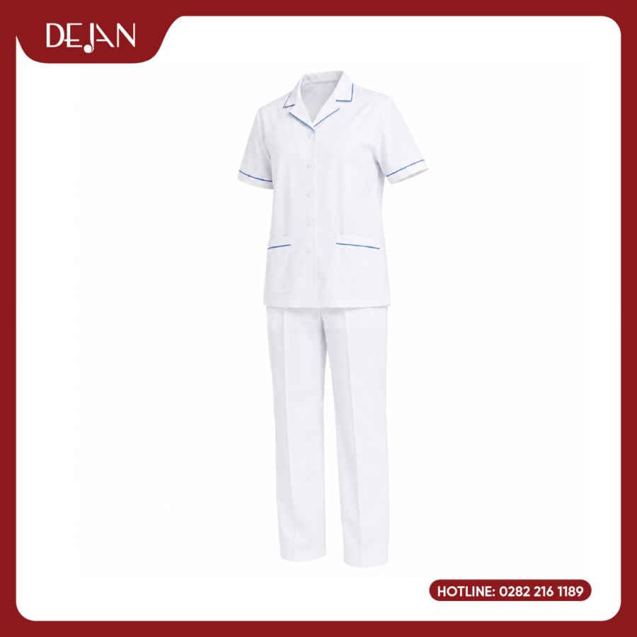 Đồng Phục Điều Dưỡng DJDPĐD1001 - Trắng Phối Viền Xanh, Chuẩn Mực Cho Cả Nam Và Nữ