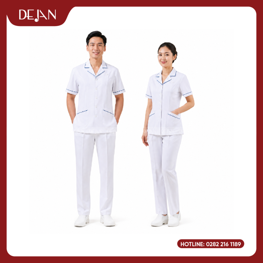 Đồng Phục Điều Dưỡng DJDPĐD1002 - Trắng Phối Viền Xanh, Thanh Lịch Cho Cả Nam Và Nữ