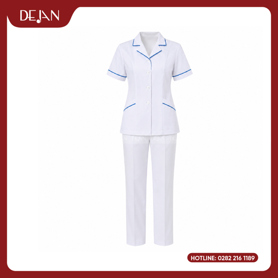 Đồng Phục Điều Dưỡng DJDPĐD1002 - Trắng Phối Viền Xanh, Thanh Lịch Cho Cả Nam Và Nữ