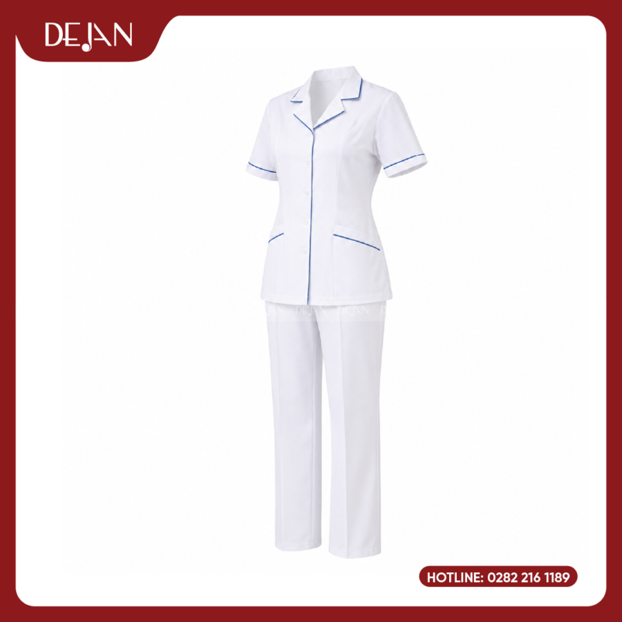 Đồng Phục Điều Dưỡng DJDPĐD1002 - Trắng Phối Viền Xanh, Thanh Lịch Cho Cả Nam Và Nữ