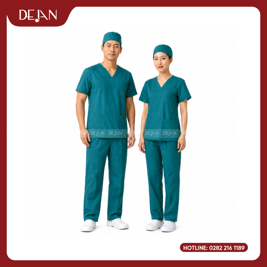 Đồng Phục Phòng Mổ DJDPPM1001 - Scrubs Xanh Cổ Vịt Chuẩn Phẫu Thuật