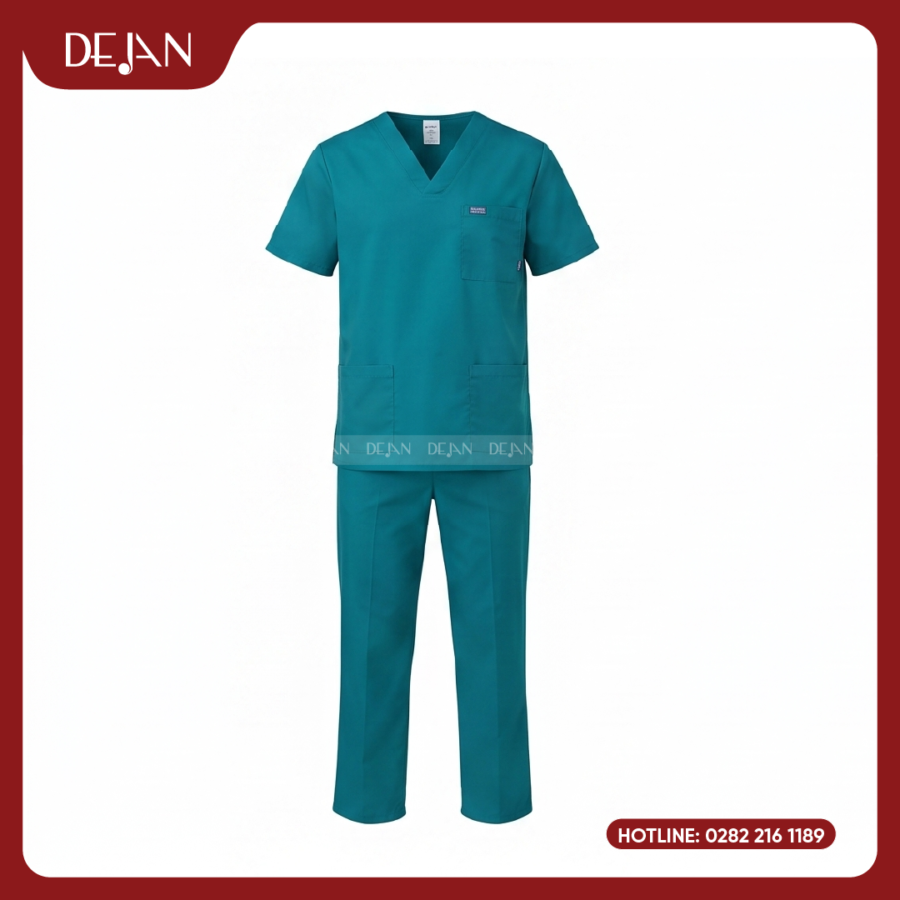 Đồng Phục Phòng Mổ DJDPPM1001 - Scrubs Xanh Cổ Vịt Chuẩn Phẫu Thuật