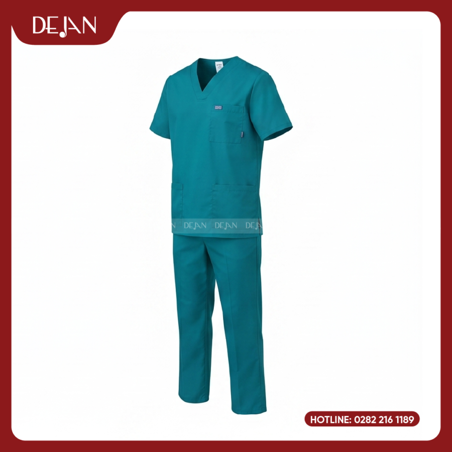 Đồng Phục Phòng Mổ DJDPPM1001 - Scrubs Xanh Cổ Vịt Chuẩn Phẫu Thuật