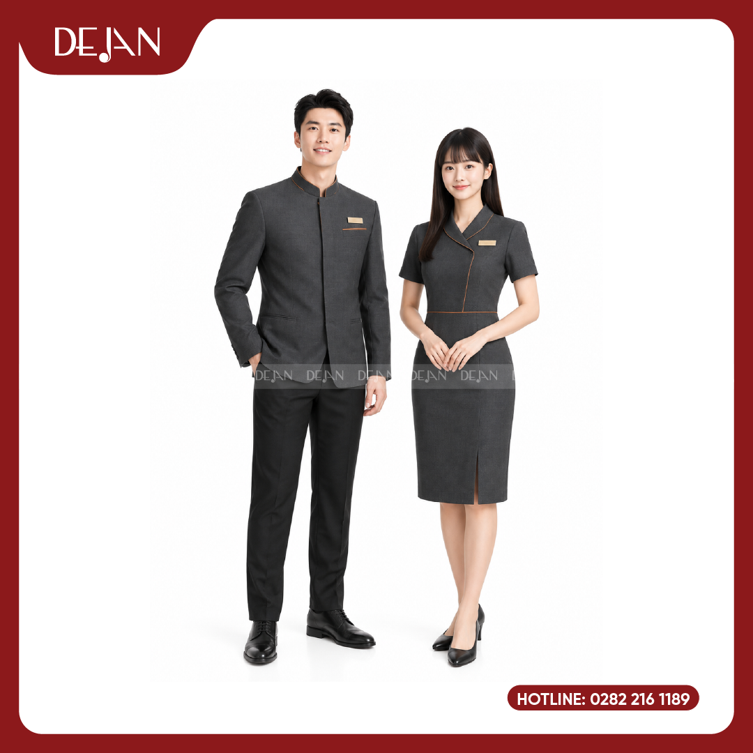 DJDPLTNH1001-dong-phuc-le-tan-nha-hang-01 Đồng Phục Lễ Tân Nhà Hàng DJDPLTNH1001 - Xám Đậm Phối Viền Đồng Sang Trọng