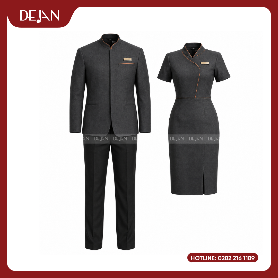 DJDPLTNH1001-dong-phuc-le-tan-nha-hang-02 Đồng Phục Lễ Tân Nhà Hàng DJDPLTNH1001 - Xám Đậm Phối Viền Đồng Sang Trọng