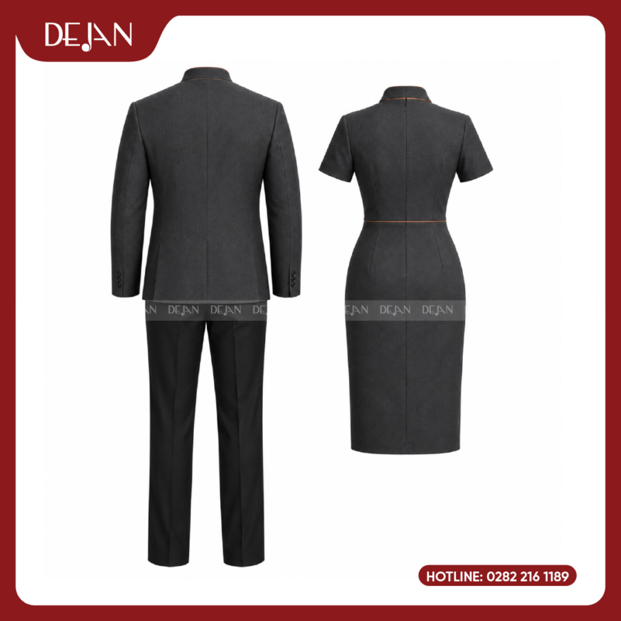 Đồng Phục Lễ Tân Nhà Hàng DJDPLTNH1001 - Xám Đậm Phối Viền Đồng Sang Trọng