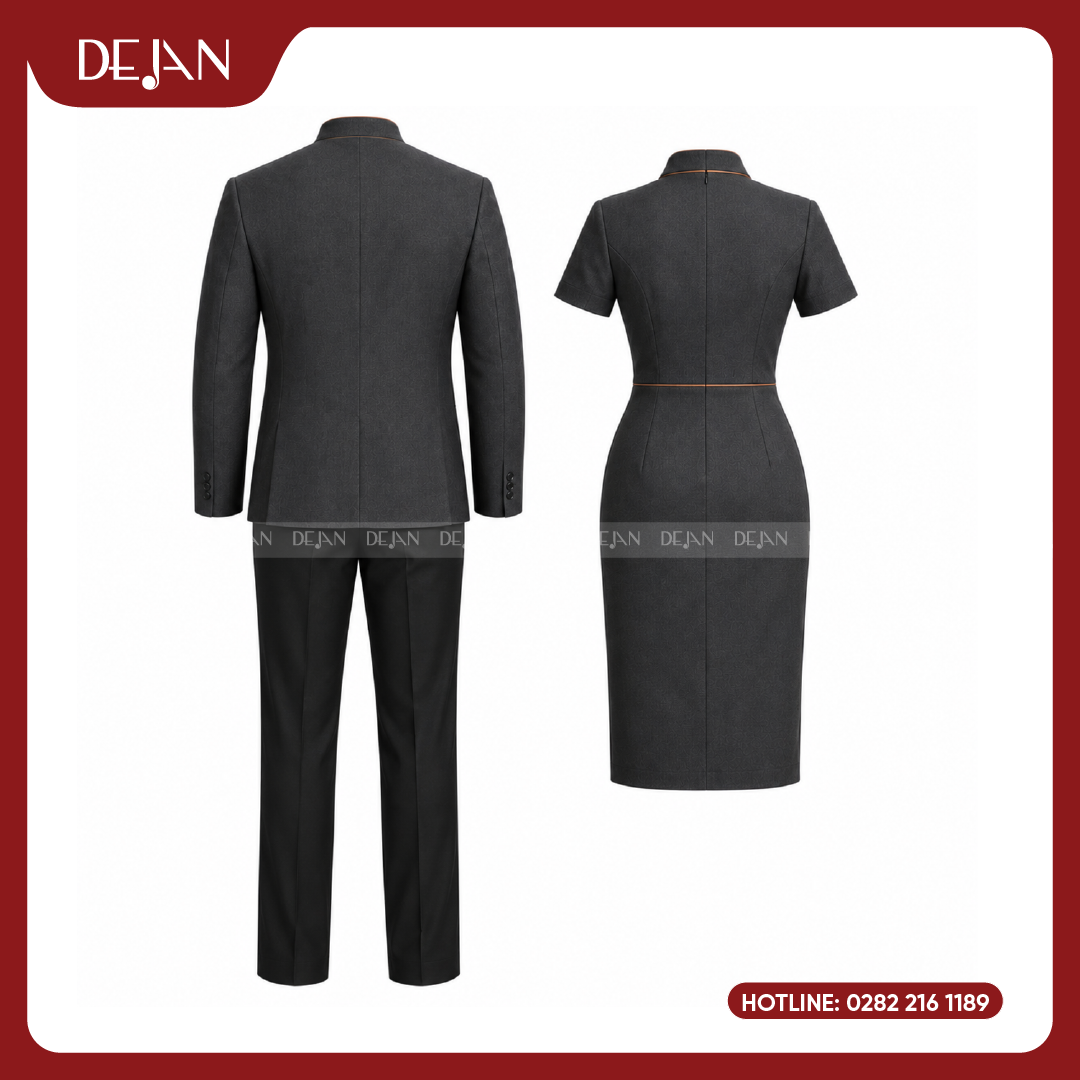 DJDPLTNH1001-dong-phuc-le-tan-nha-hang-03 Đồng Phục Lễ Tân Nhà Hàng DJDPLTNH1001 - Xám Đậm Phối Viền Đồng Sang Trọng