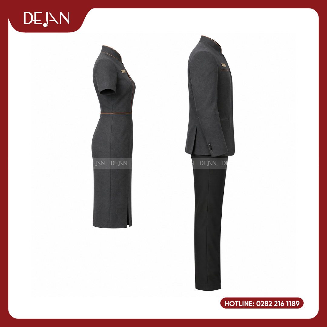 DJDPLTNH1001-dong-phuc-le-tan-nha-hang-04 Đồng Phục Lễ Tân Nhà Hàng DJDPLTNH1001 - Xám Đậm Phối Viền Đồng Sang Trọng