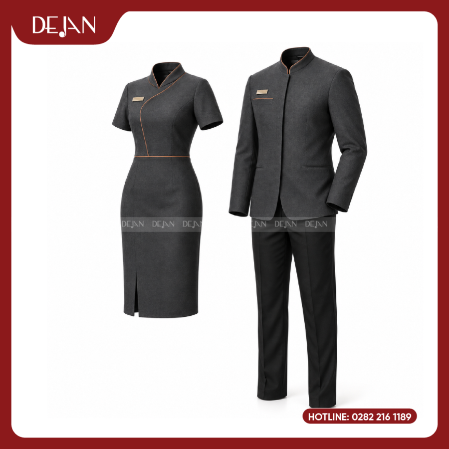 Đồng Phục Lễ Tân Nhà Hàng DJDPLTNH1001 - Xám Đậm Phối Viền Đồng Sang Trọng