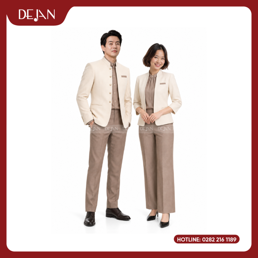 Đồng Phục Lễ Tân Nhà Hàng DJDPLTNH1004 - Kem Phối Nâu Be Ấm Áp, Tinh Tế