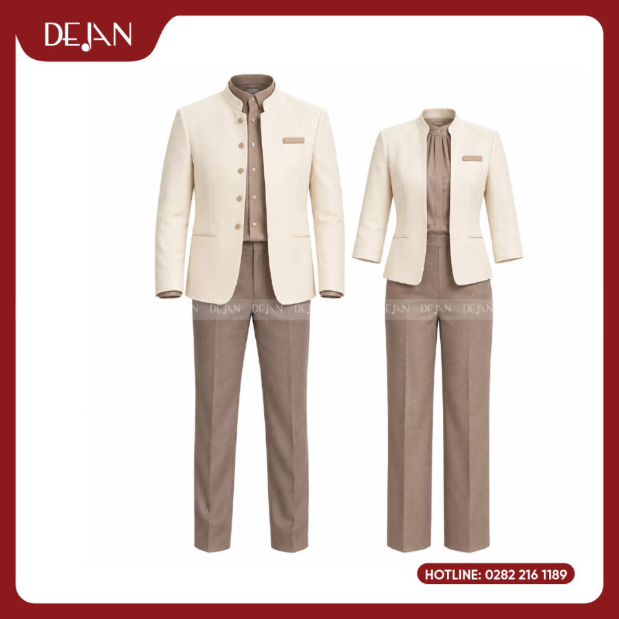 Đồng Phục Lễ Tân Nhà Hàng DJDPLTNH1004 - Kem Phối Nâu Be Ấm Áp, Tinh Tế