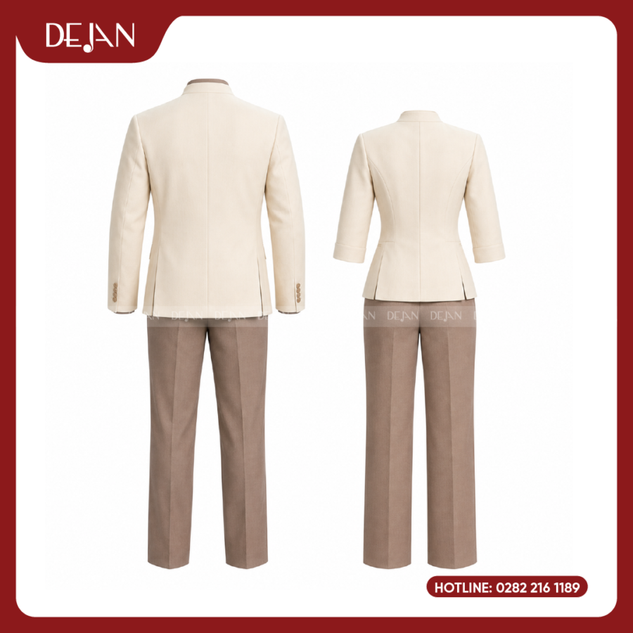 Đồng Phục Lễ Tân Nhà Hàng DJDPLTNH1004 - Kem Phối Nâu Be Ấm Áp, Tinh Tế
