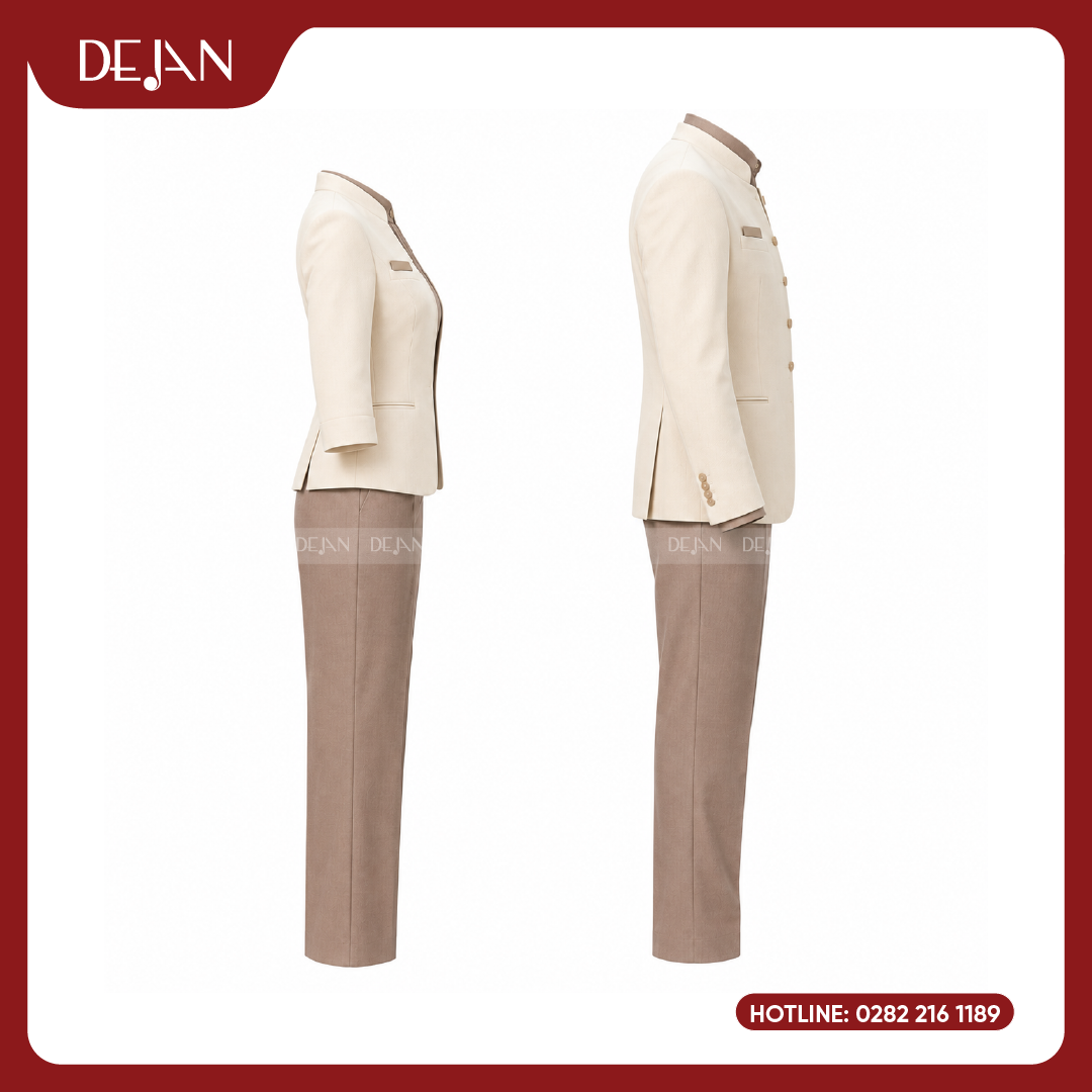DJDPLTNH1004-dong-phuc-le-tan-nha-hang-04 Đồng Phục Lễ Tân Nhà Hàng DJDPLTNH1004 - Kem Phối Nâu Be Ấm Áp, Tinh Tế