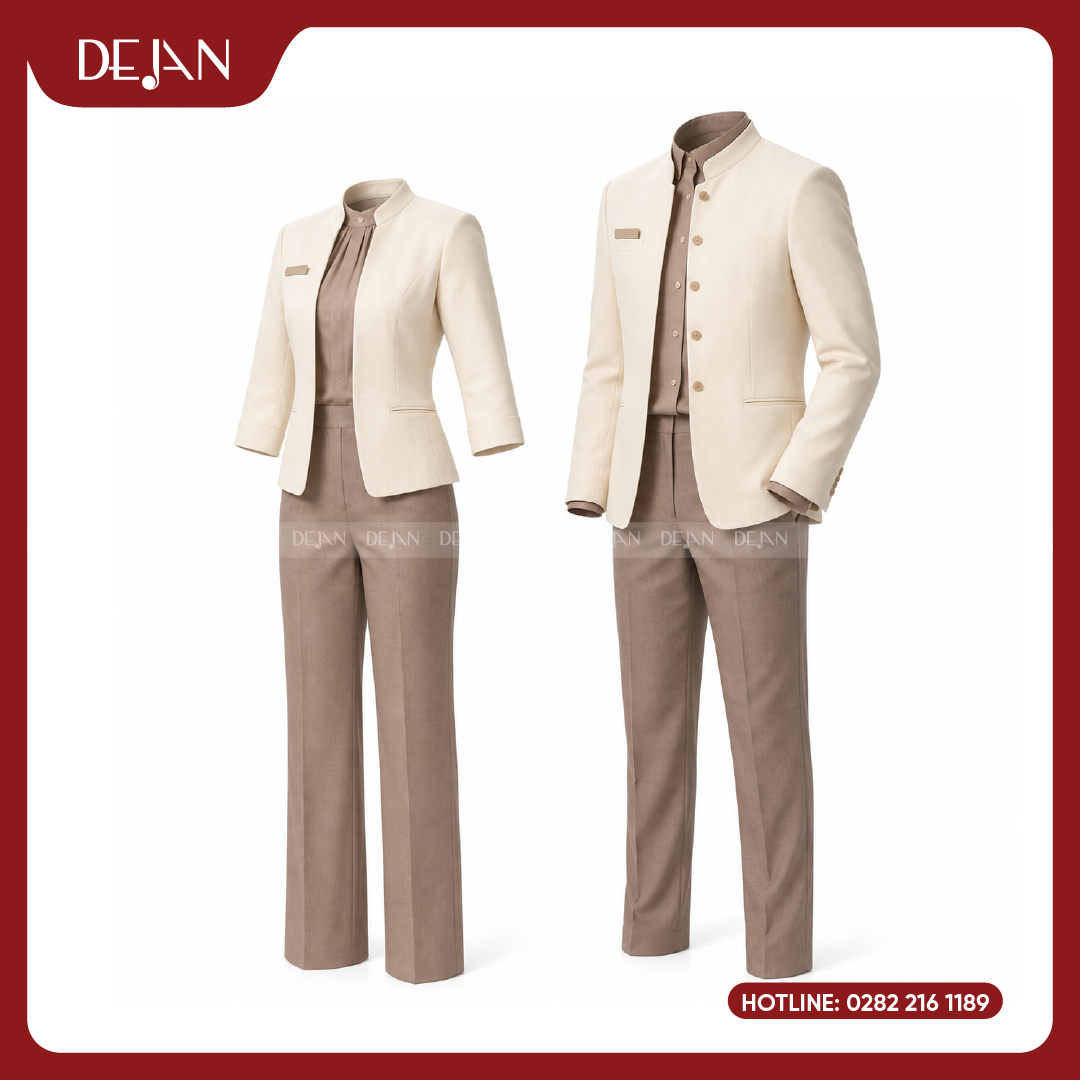 DJDPLTNH1004-dong-phuc-le-tan-nha-hang-05 Đồng Phục Lễ Tân Nhà Hàng DJDPLTNH1004 - Kem Phối Nâu Be Ấm Áp, Tinh Tế